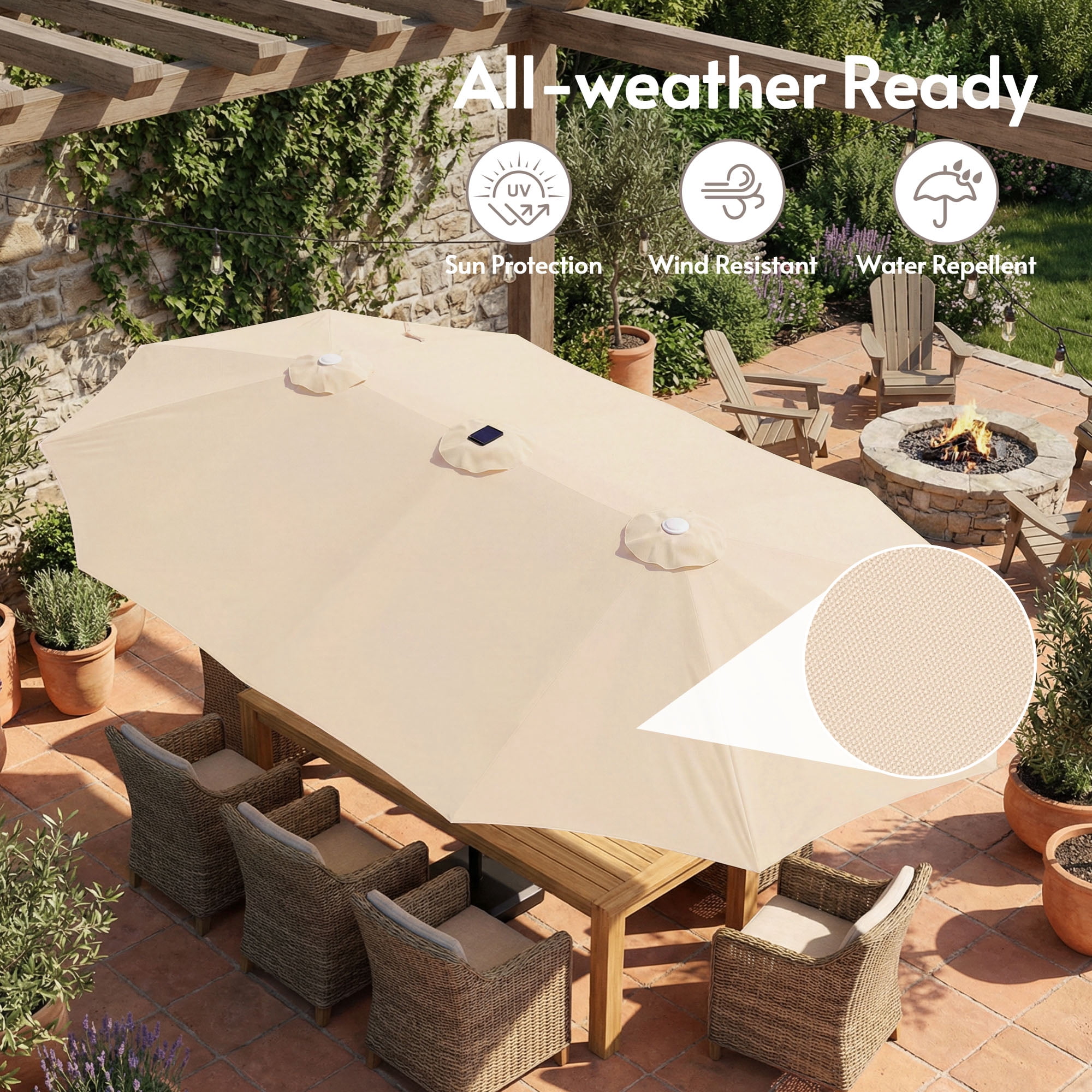 LAZZO 15FT Patio Umbrella with LED Lights and Base, Outdoor Rectangular Triple Shade for Patio Deck Garden, Champagne