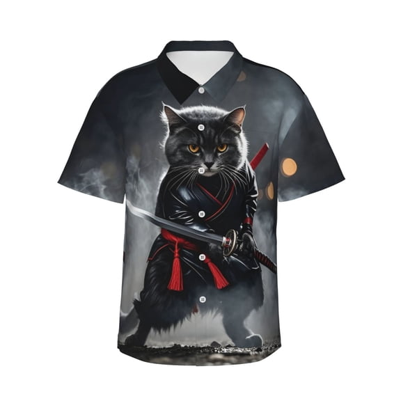 Men's Casual Short Sleeve Button-Down Hawaiian Shirts,Cute Samurai Cat Shirts Regular Fit Beach Summer Shirts with Front Pocket,L