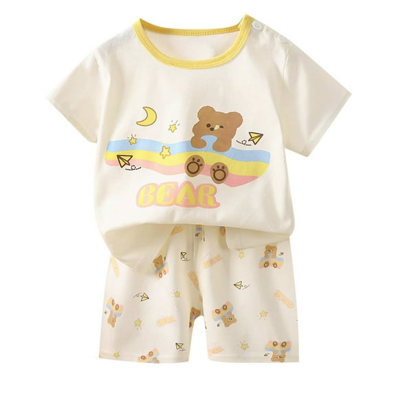 Hpapadks Baby Boy Outfit Boys Girls Summer Cartoon Printed Short Sleeved Tees Tops and Shorts Suit Toddler Boy Clothes Beige 18-24 Months