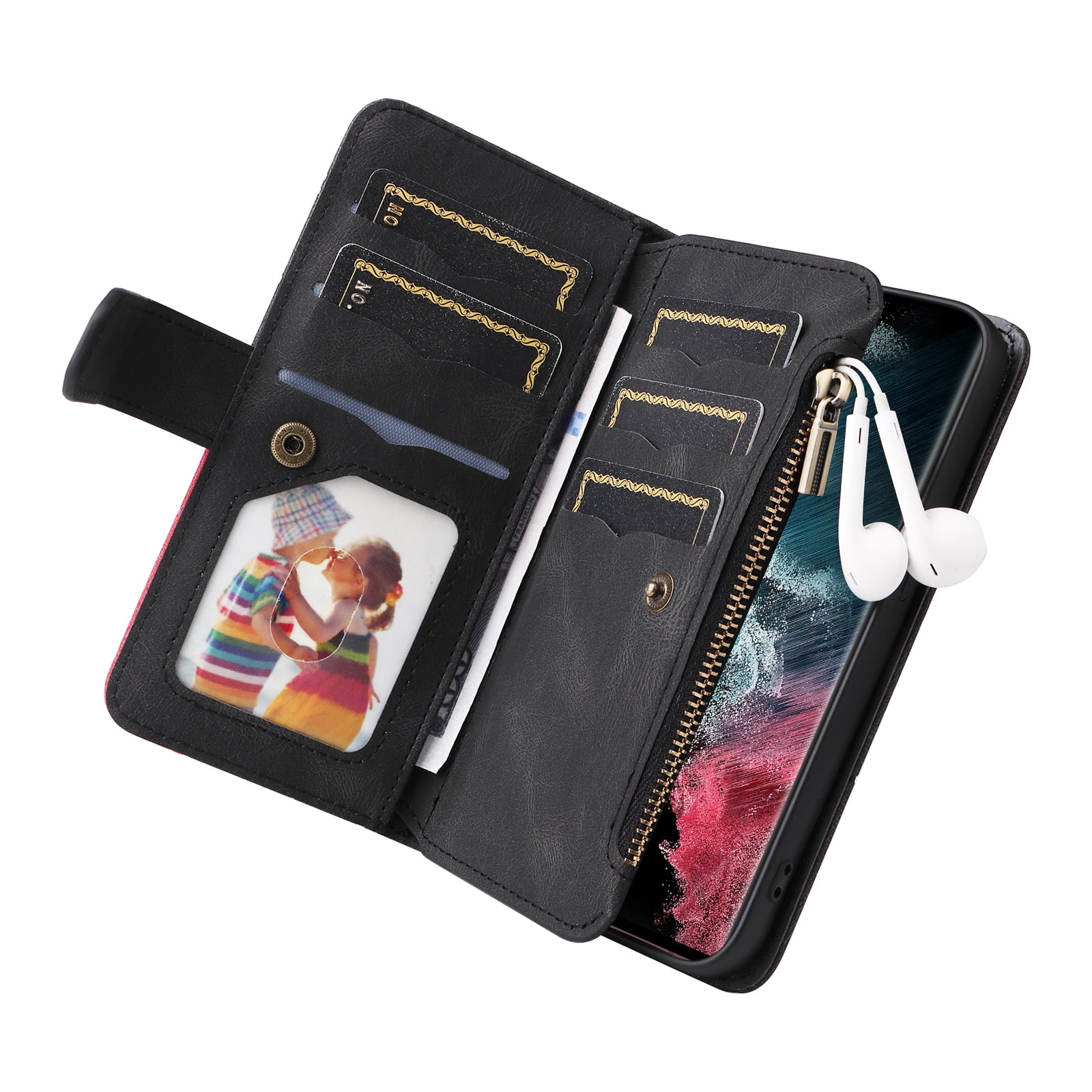Dteck for Samsung Galaxy S23 Ultra Case Wallet with 9 Card Slots, Zipper Pocket PU Leather Folio Flip Phone Case with Wristlet Strap for Samsung Galaxy S23 Ultra 6.8 Inch, Black