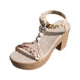 thumbnail image 5 of Rokment Womens Platform Slingback Dress Sandals 2026 Beach Summer Boho Braided Gemstones Chunky Block High Heel Linen Sandals Khaki Size 8.5, 5 of 6