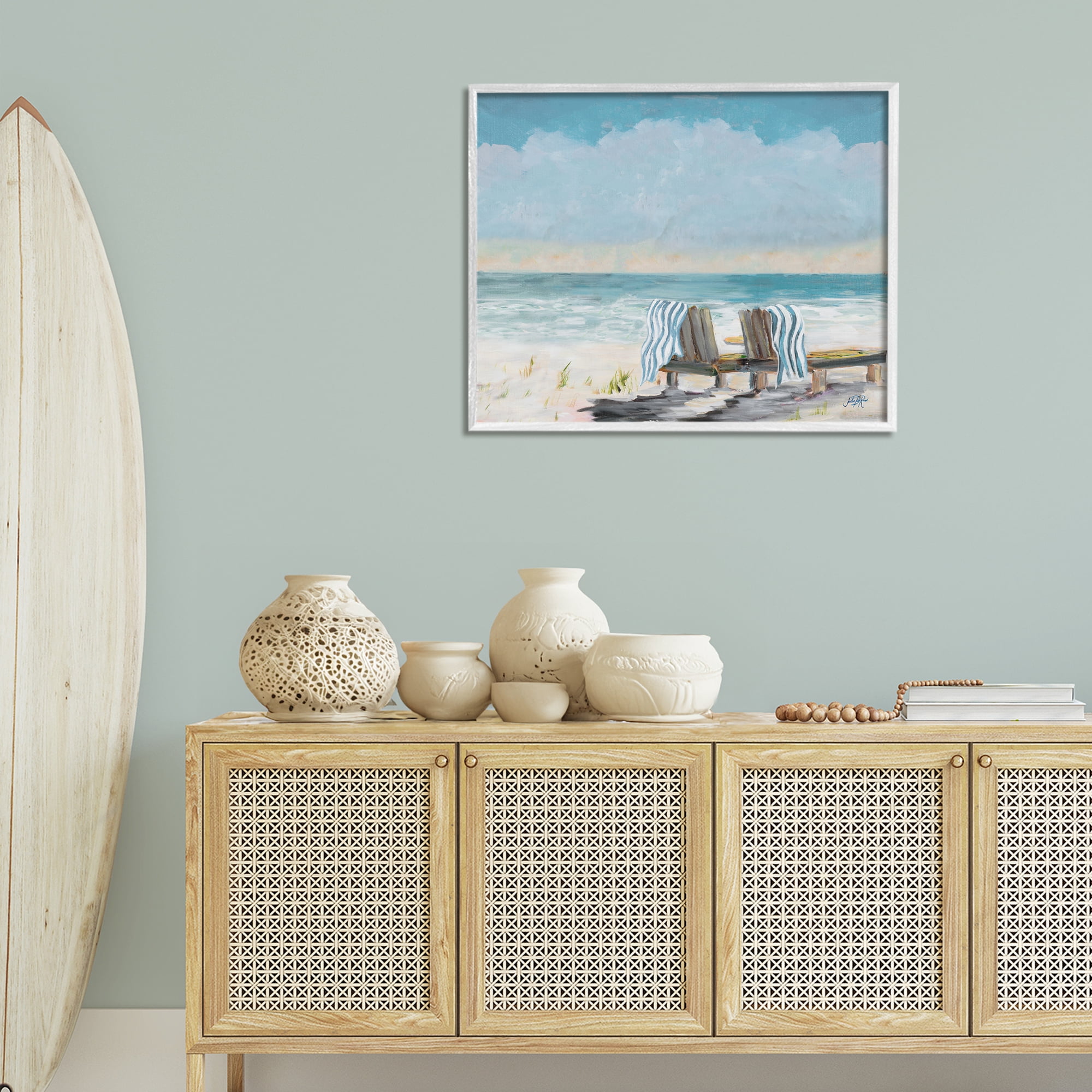 Stupell Industries Peaceful Beach Chairs Landscape Painting White Framed Art Print Wall Art, 30 x 24