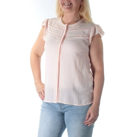 MAISON JULES Womens Pink Ruffled Eyelet Cap Sleeve Jewel Neck Button Up Top Size: L