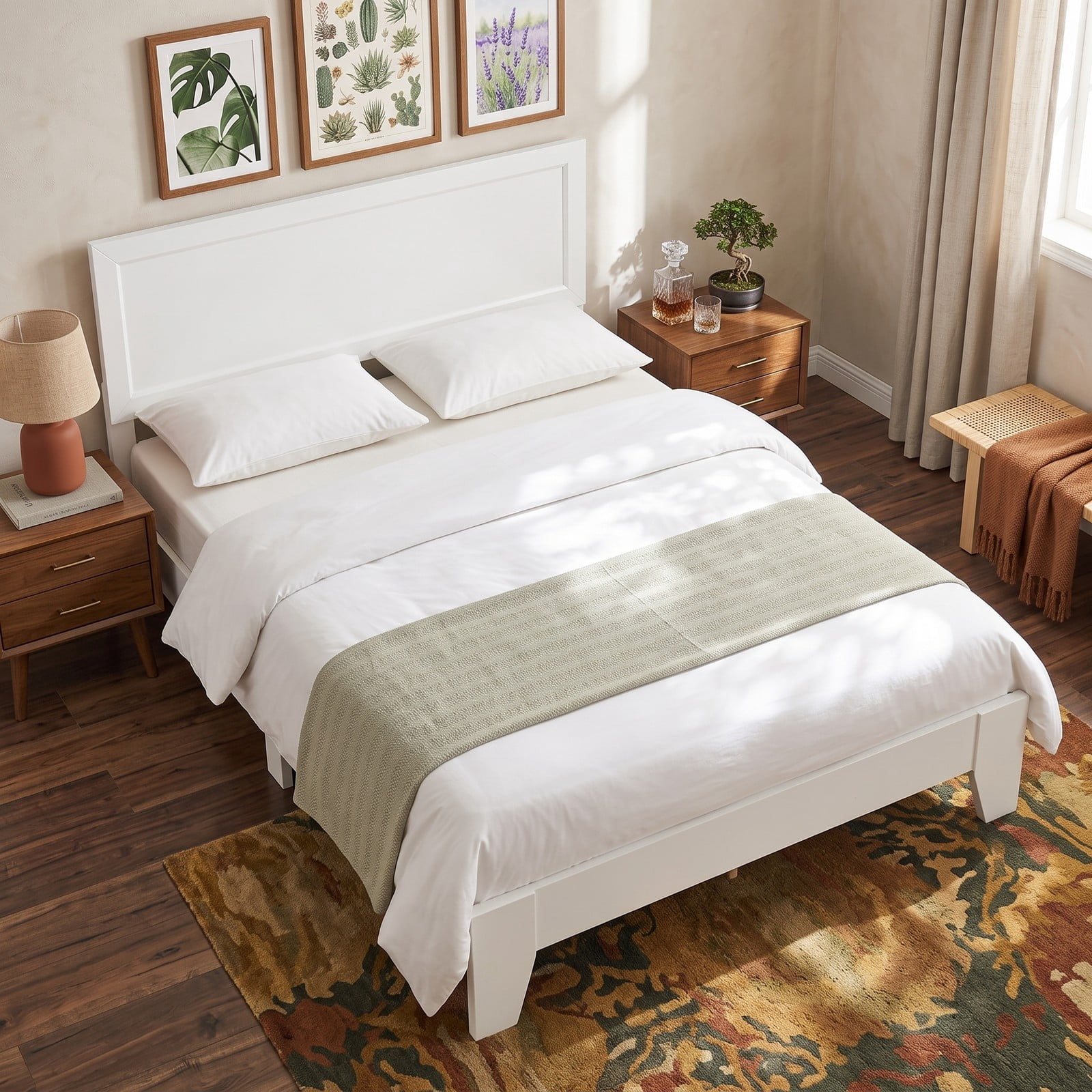 Furnibear Queen Bed Frame with Headboard, Modern Wood Platform Bed with Panel Headboard, Wooden Slats and Tapered Legs, White