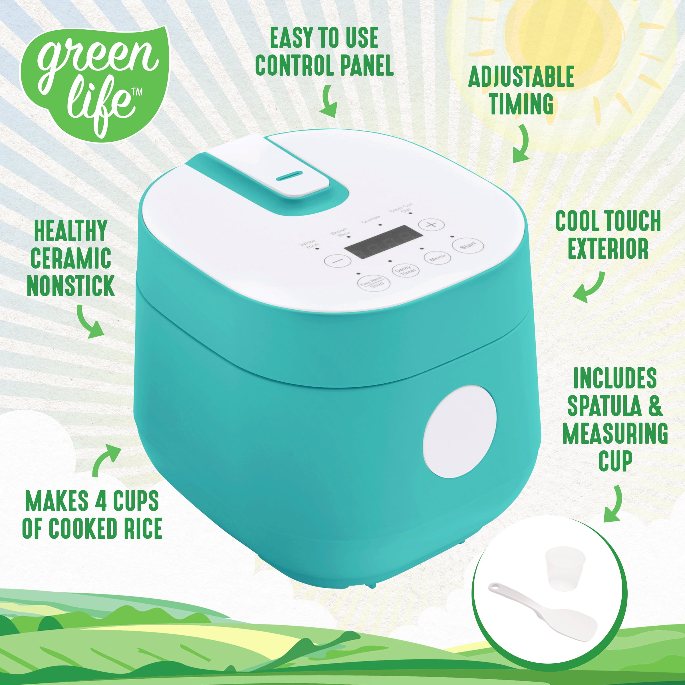 GreenLife Rice and Bean Cooker, 4 Cups, Teal