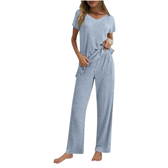 cfhntfmh Lounge Sets for Women Soft V Neck Short Sleeve Sleepwear Comfy Lounge Straight Leg Long Pants 2 Piece Ribbed Knit Outfits
