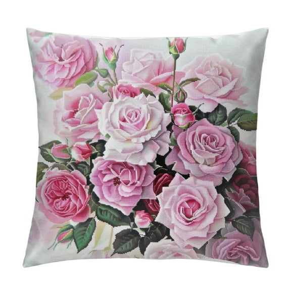 JRXY Throw Pillow Covers, Floral Decorative Cushion Flower Pillow Cases, Pink Rose Pillow Cases for for Summer Spring Wedding White