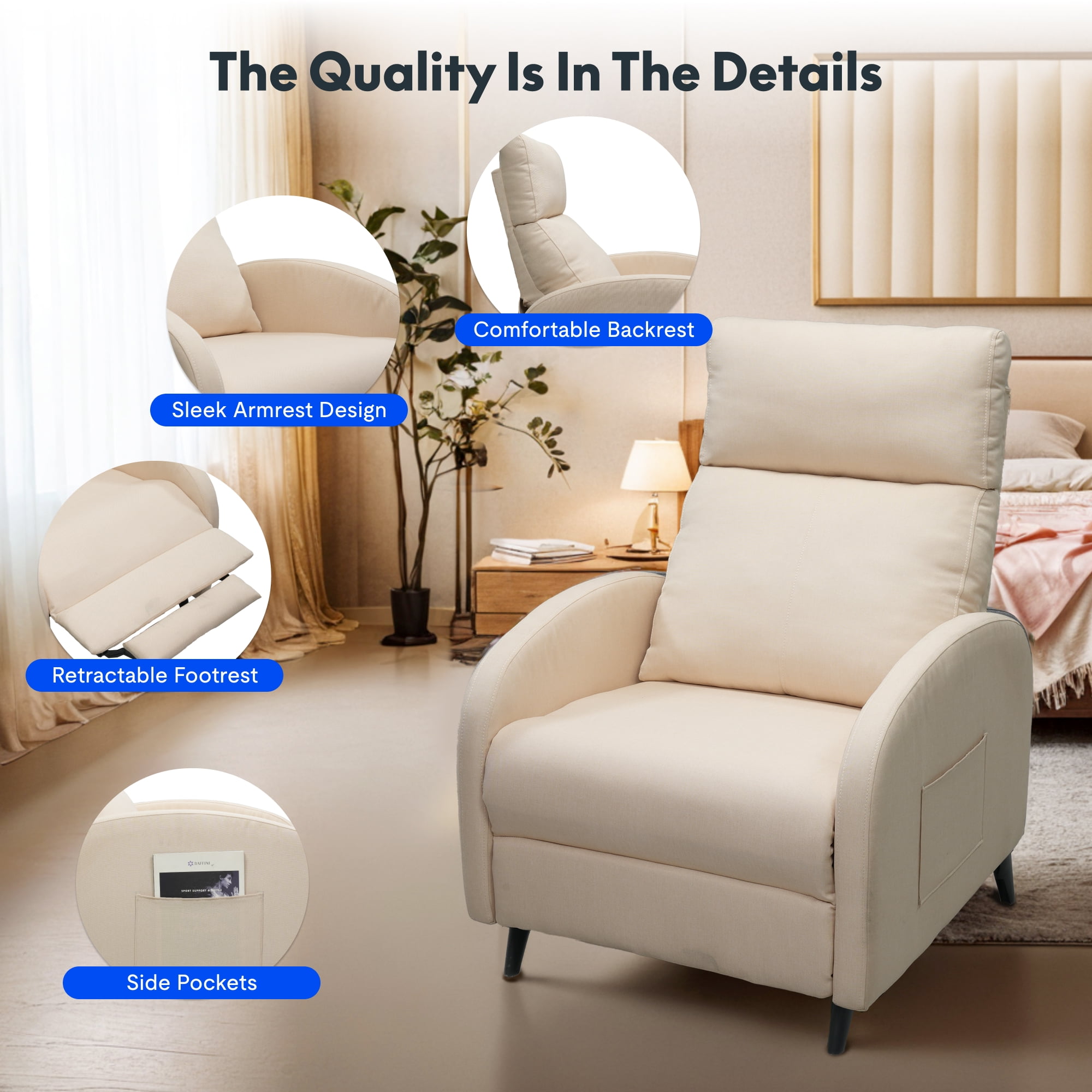 FitStand Pushback Recliner Chair Fabric Small Recliner Sofa Home Adjustable Reclining Chair Single Sofa with Padded Seat Backrest for Living Room