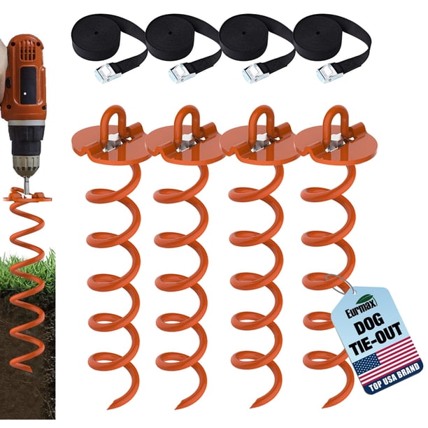Eurmax USA Paquete de 4 estacas en espiral, kit de anclaje resistente, anclaje de tornillo para hielo para trampolín, tiendas de campaña, toldos, puertos de coche, amarre para perros, etc., paquete de