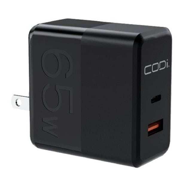 Cargador de pared Charger CoDi de 65 W GaN de doble puerto USB-C/USB-A negro