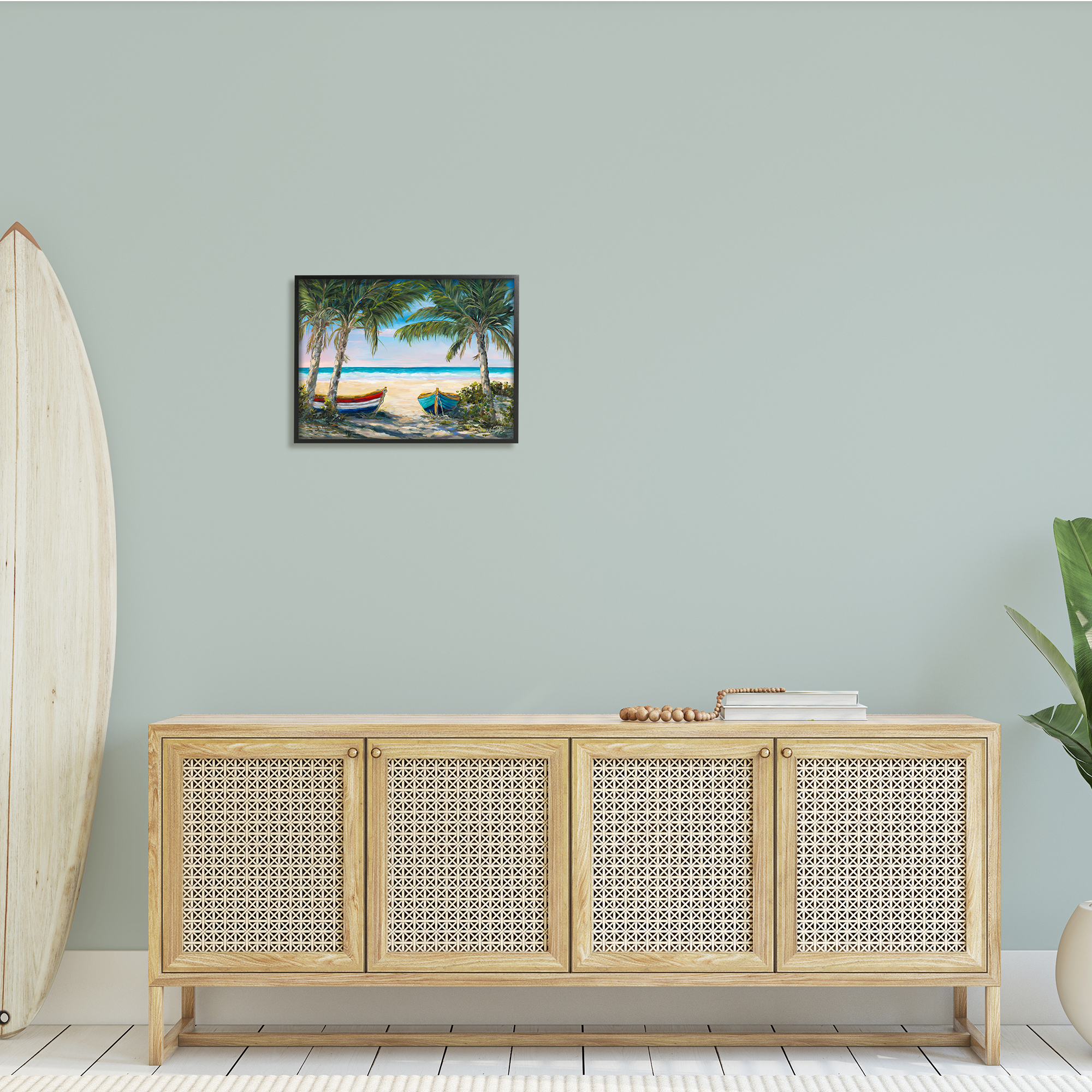 Stupell Industries Row Boats on Beach Shore Tropical Palm Trees, 20 x 16, Design by Julie Derice