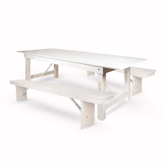 White Distressed Straight Leg Farm Table Dining Set with 2 Benches by Chivari