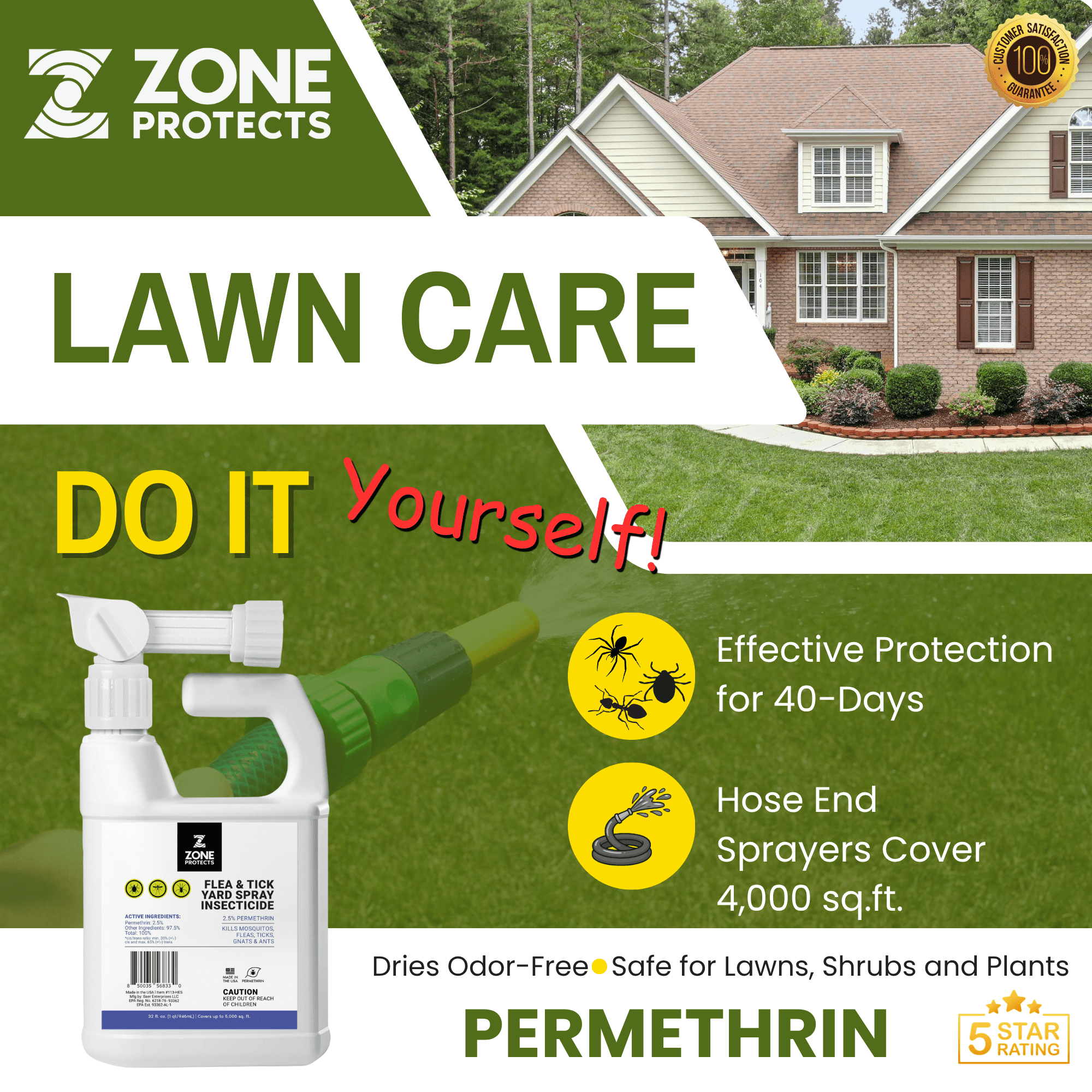 Zone Protects Flea and Tick Yard Spray Insecticide w/ Permethrin; Hose End Sprayer Covers 10,000 sq.ft.