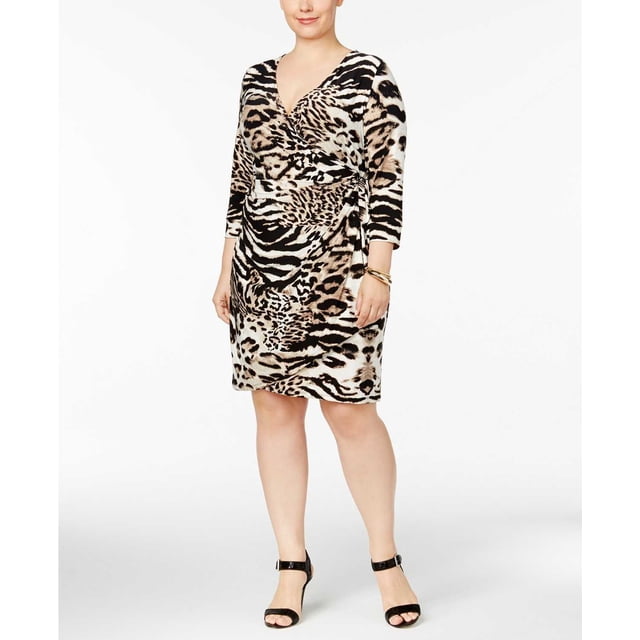 INC International Concepts Plus Robe Portefeuille à Imprimé Animal (Noir, 1X)