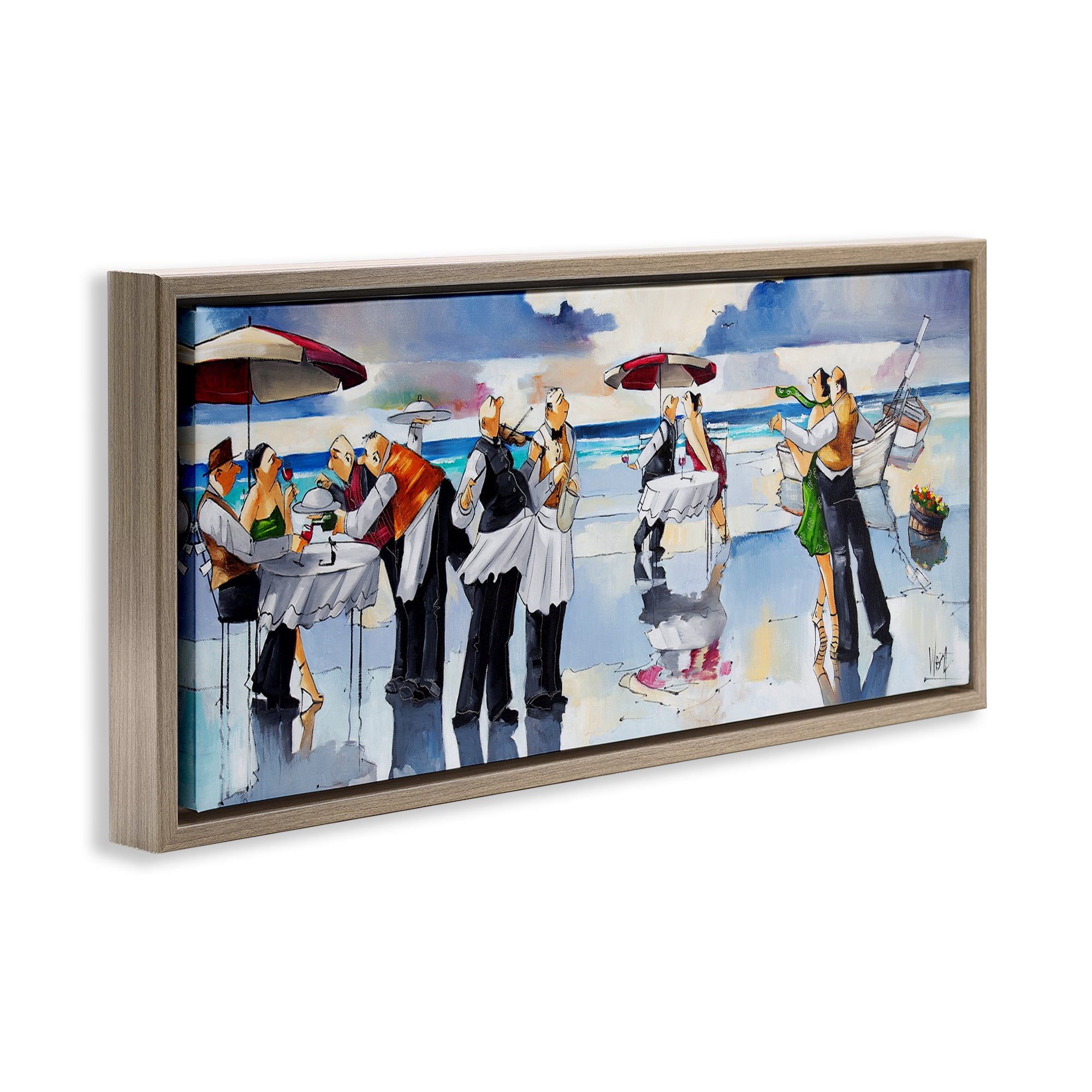 Stupell Industries Fancy Dinner on Beach Novelty Painting Brown Floater Framed Canvas Art Print Wall Art, 25 x 11
