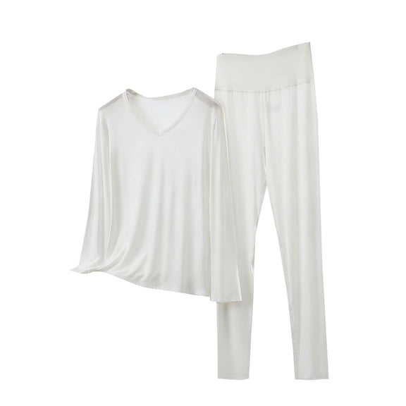 MGDXOX Women's Soft Modal 2 Piece Lounge Set Long Sleeve V-Neck Top High-Waist Leggings Comfortable Stretchy Sleepwear White L