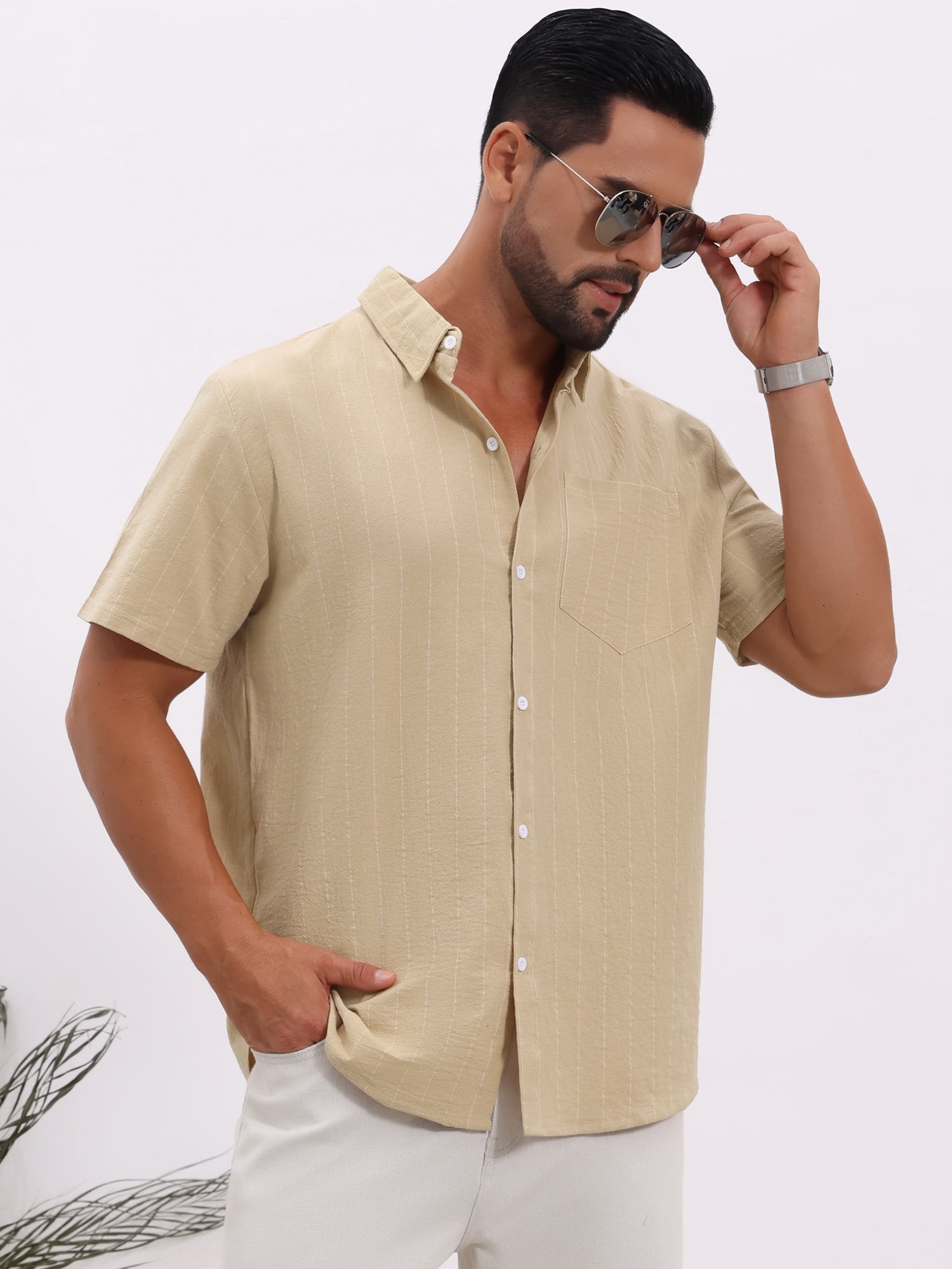 DARING DIVA Men's Point Collar Short Sleeve Button Down Stripes Shirts 3XL Khaki