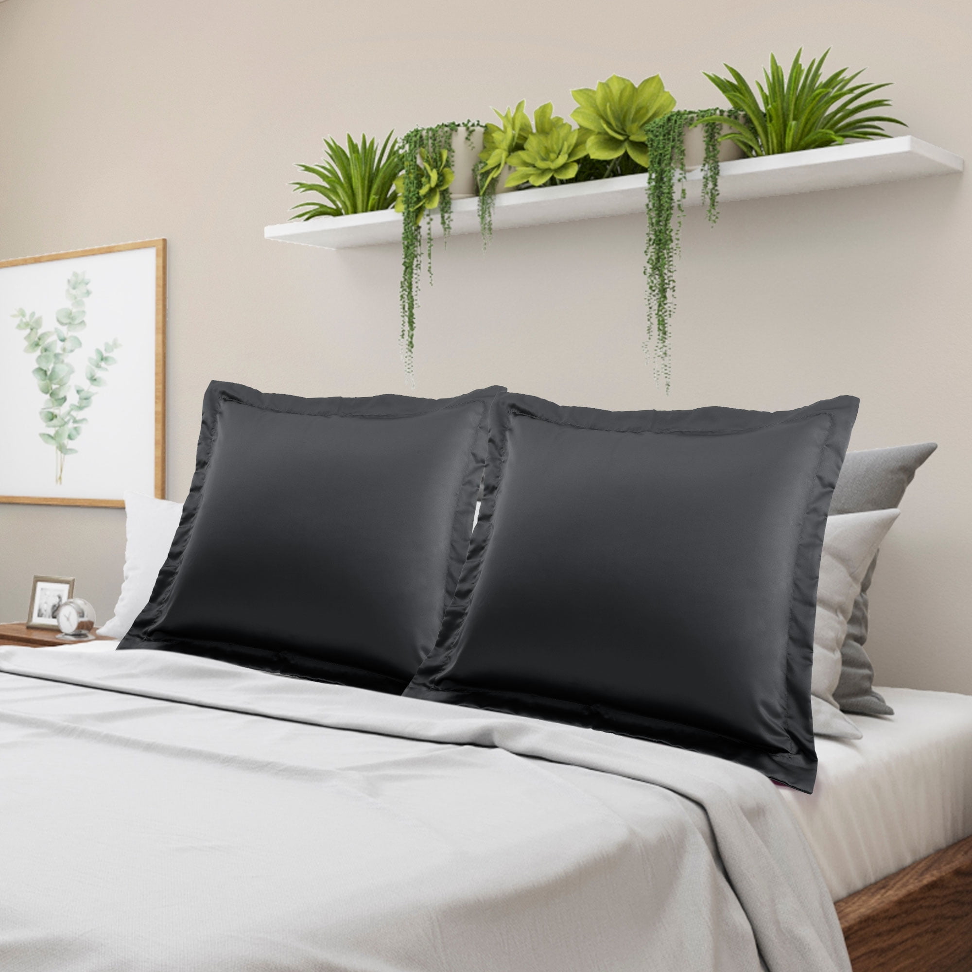 Unique Bargains 2-Pack Satin Silk Envelope Closure Pillow Shams Black European