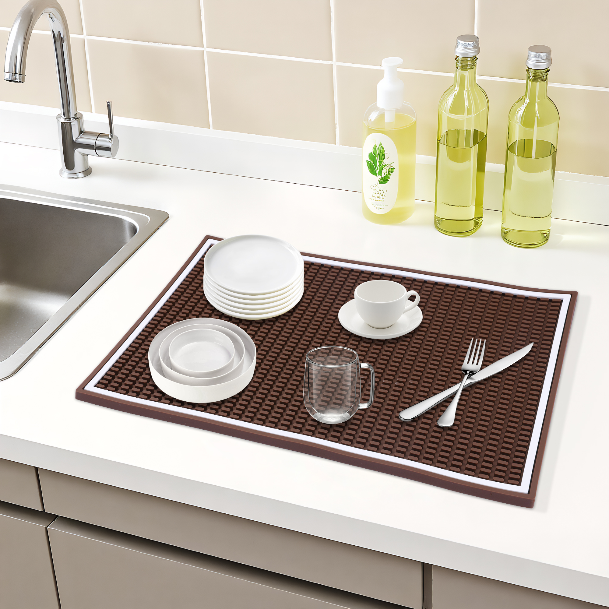Unique Bargains Waterproof Dish Drying Mat with Concave Design Coffee 17.7*11.8*0.4 inch