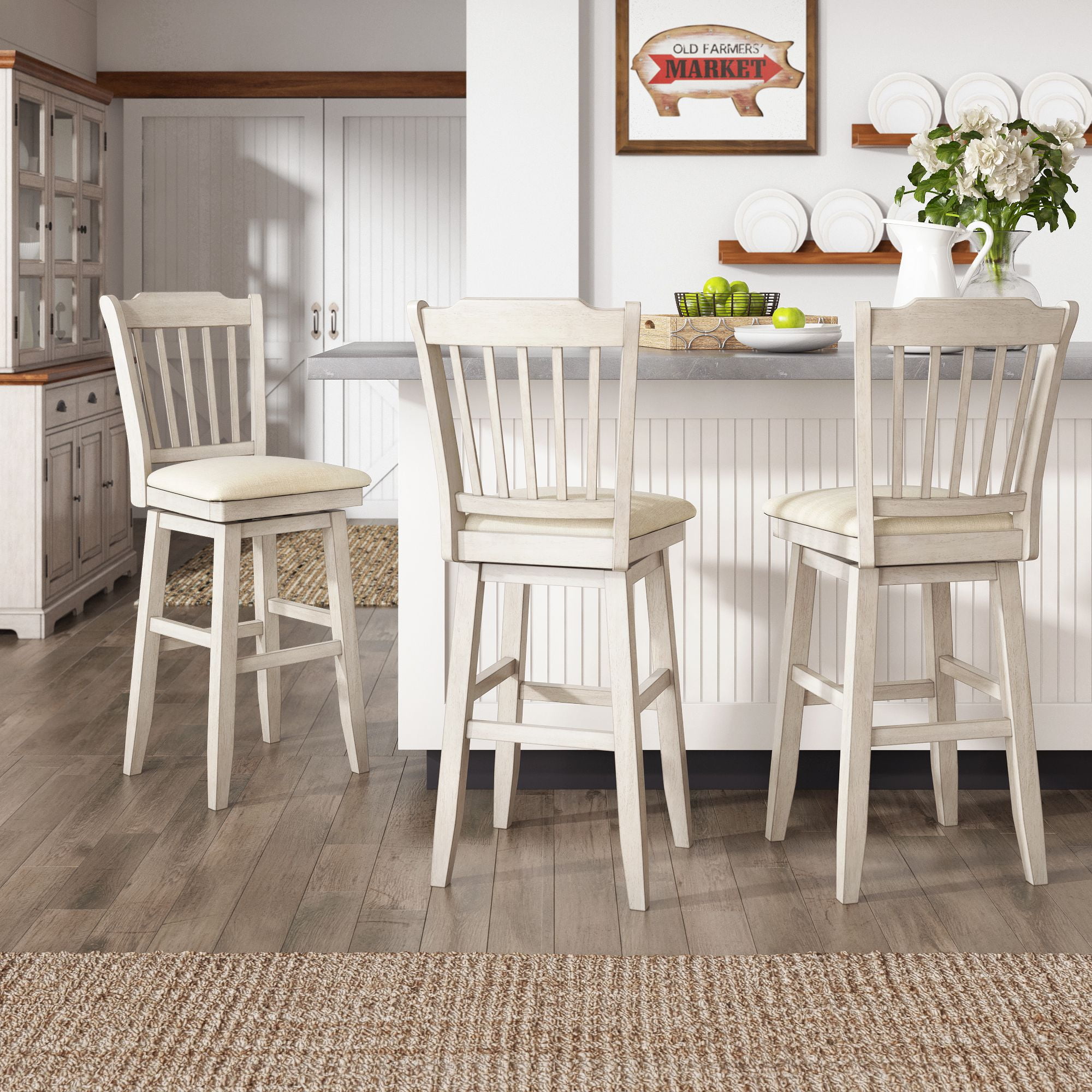 Weston Home Sheena Slat Back Bar Height Wood Swivel Stool, Antique White