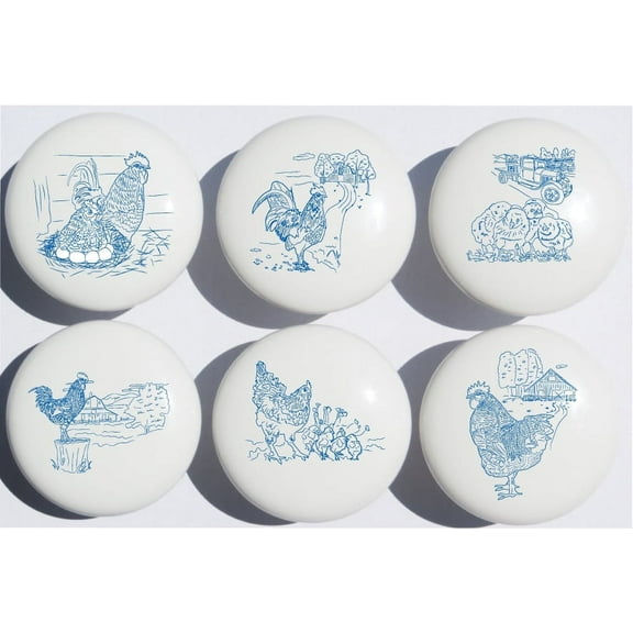 Country Chicken and Roosters Drawer Knobs Pulls in Blue Toile /Ceramic Dresser, Cupboard or Cabinet Pulls for Kitchen or Children's Nursery Room Decor