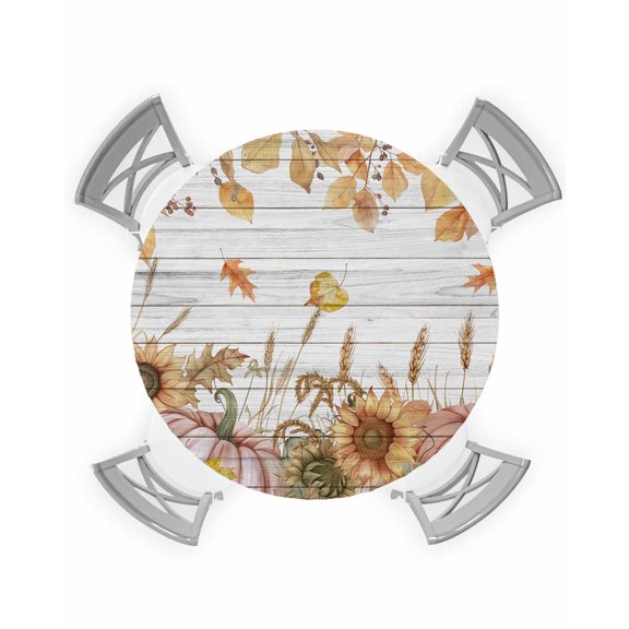 nqOlkjepod Orange Fall Round Tablecloth, Fitted Table Cover with Elastic for 36"-44" Round Tables, Thanksgiving Pumpkins Sunflowers Vintage Table Cloth Outdoor Dinning Party Waterproof Tablecloths