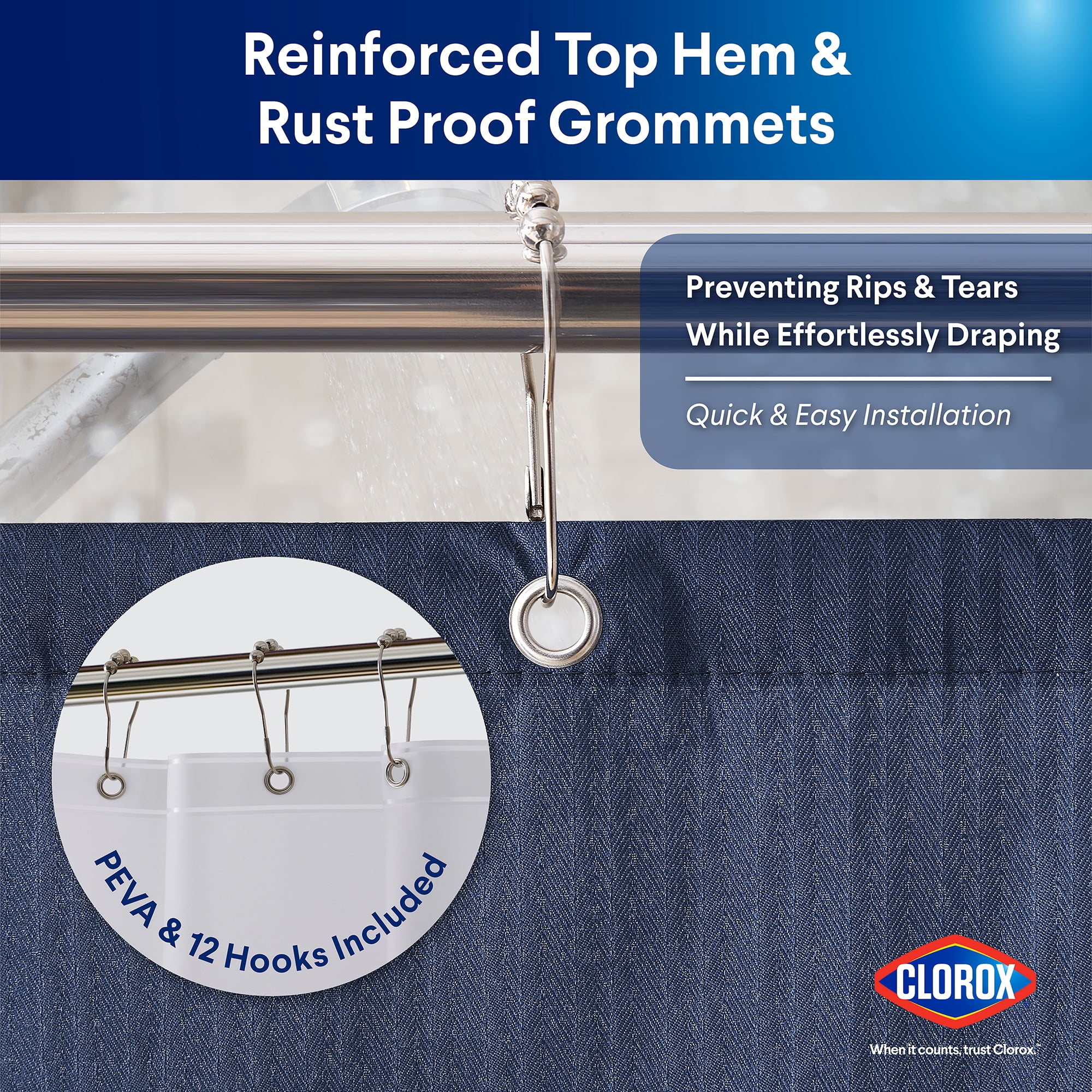 Clorox 100% Polyester Shower Curtain Set with Waterproof PEVA Liner and 12 Metal Hooks (Midnight Blue)