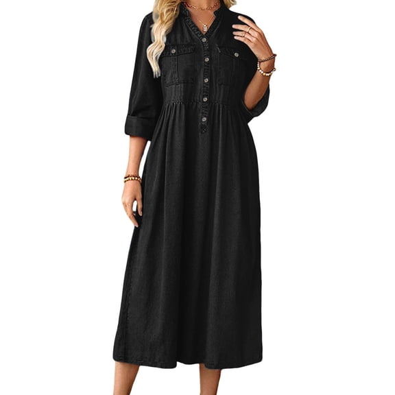 Women Casual Button Down High Waist Midi Denim Dress V Neck Pleated Shirt Jean Dress A Line Long Sleeves Pockets