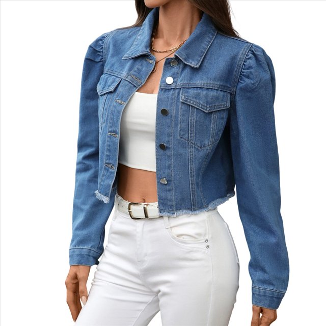 Chaqueta Vaquera Corta de Larga con Botones y Bolsillos para Mujer Azul M