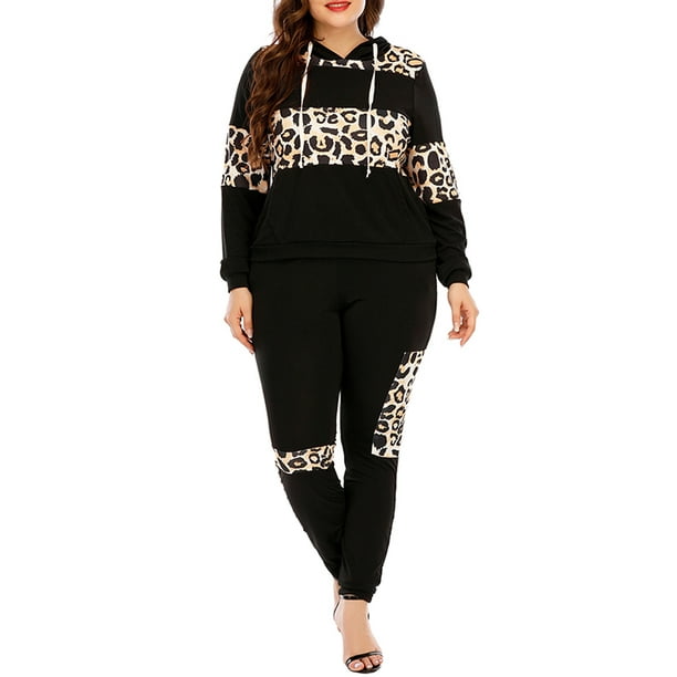 Skksst - Skksst Plus Size 2PCS Women Leopard Print Hoodies Jogger Pants Loungewear Tracksuit Set