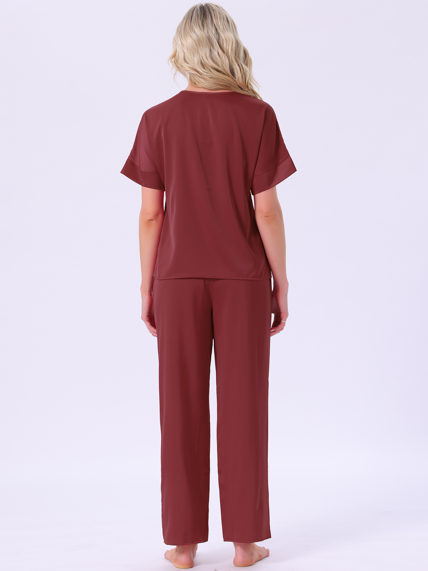 DARING DIVA Satin Pajamas Silky Short Sleeve V Neck Shirt Long Pant Set M Red
