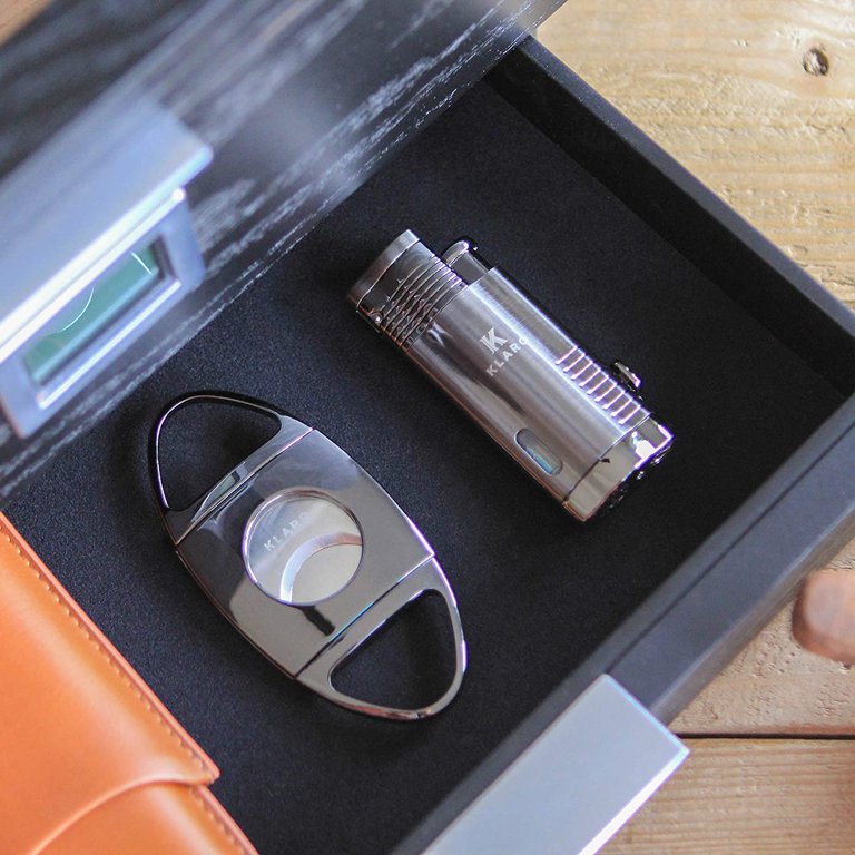 Klaro Cigar Accessory Kit Polished Gunmetal Finish Cutter & Lighter Gift  Set by Case Elegance 
