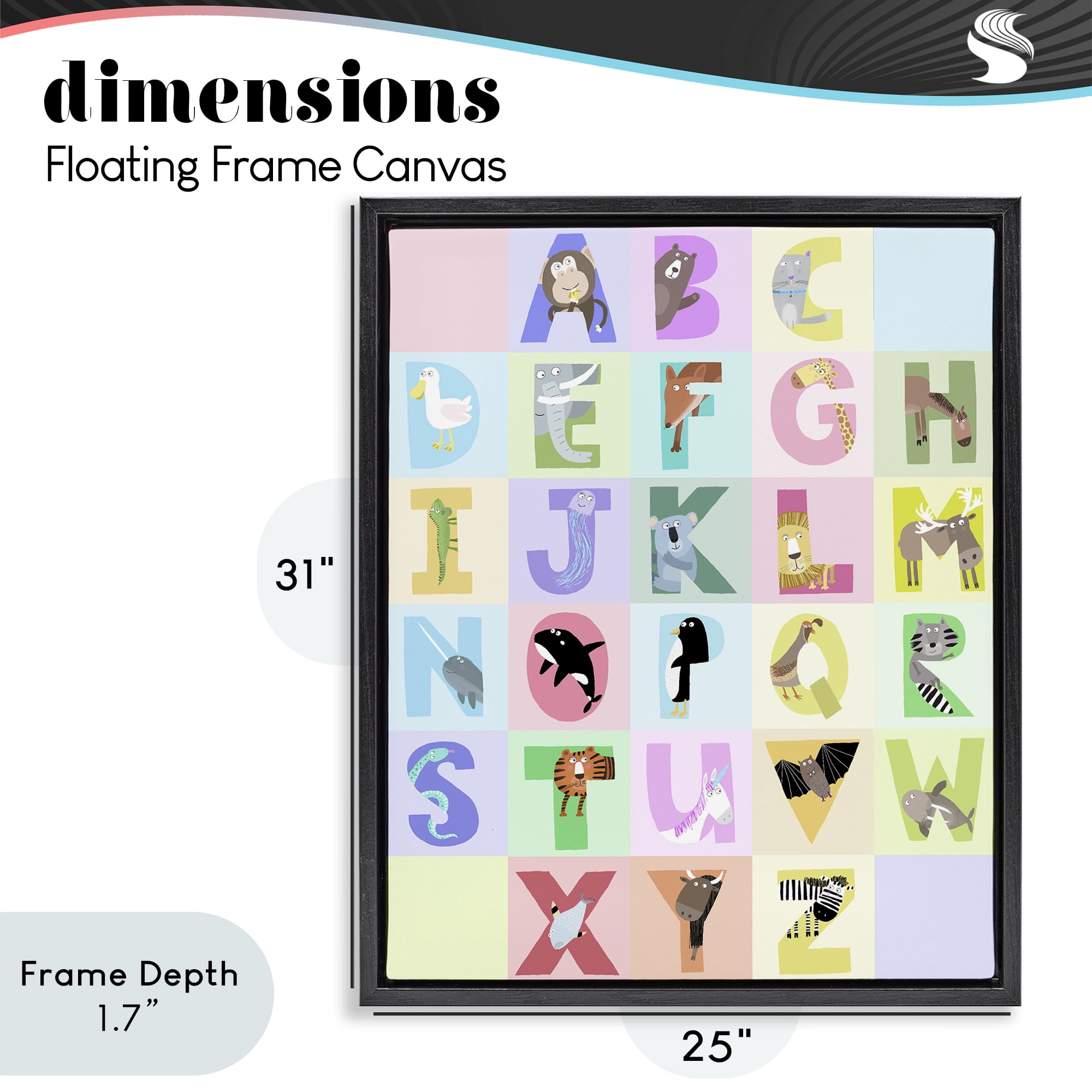 Stupell Industries Animal Alphabet in Pastels Black Framed Floater Canvas Wall Art, design by Carla Daly