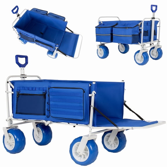 GDF Studio Beach Wagon Cart with Extendable Tailgate and 9" All-Terrain Wheels, Heavy-Duty Collapsible Cart, Blue