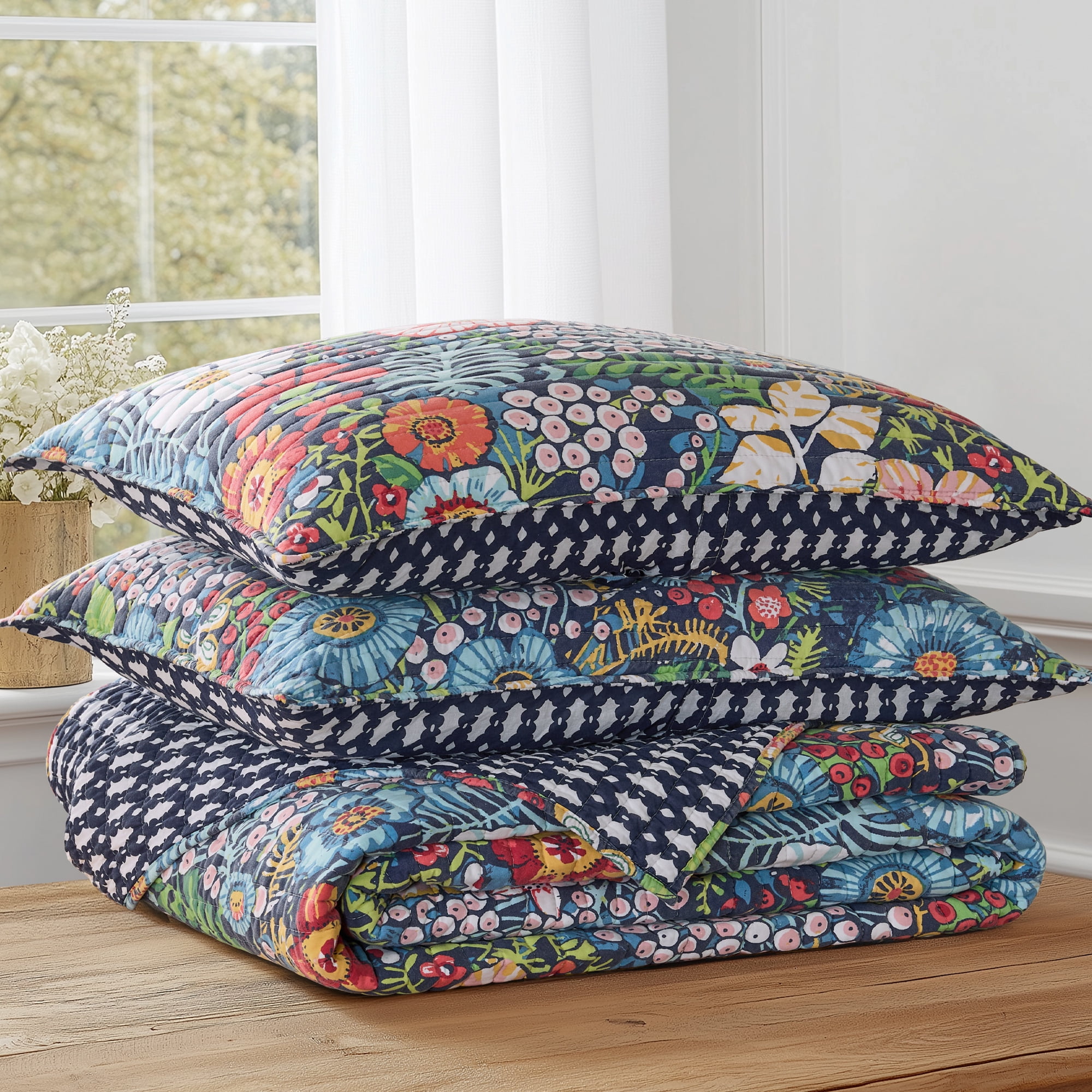 Levtex Home - Night Garden Quilt Set - Full/Queen Quilt and Two Standard Shams - Bold Floral - Navy Red Pink Green Ochre White - Quilt (88x92in.) and Shams (20x26in.) - Reversible - Rayon/Cotton