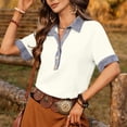 thumbnail image 5 of Rutainlusire Women's Color Block Collared Denim Trim Button Short Sleeve Tops Blouses Women's Colorblock Short Sleeve Button-Down Top With Contrast Collar, 5 of 6