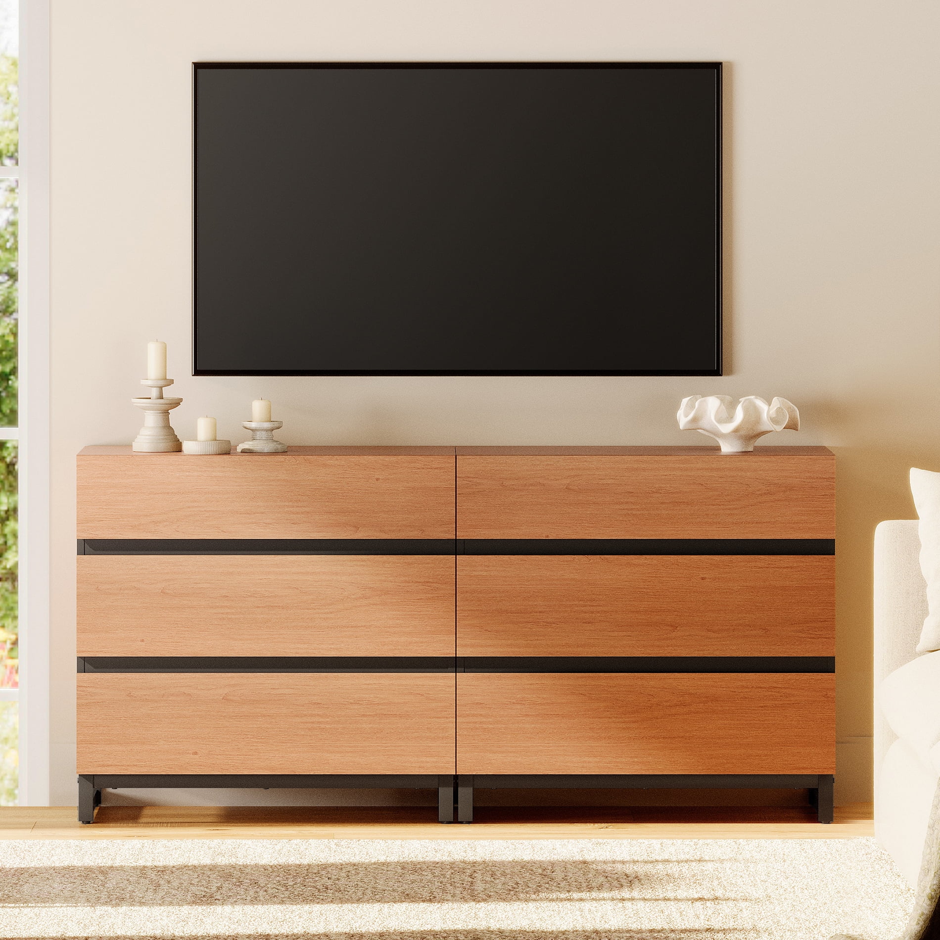 Modern TV Stand with 6 Drawers and Metal Base, Entertainment Center Media Console for Living Room Bedroom, Fits TVs up to 70 Inch, Mocha