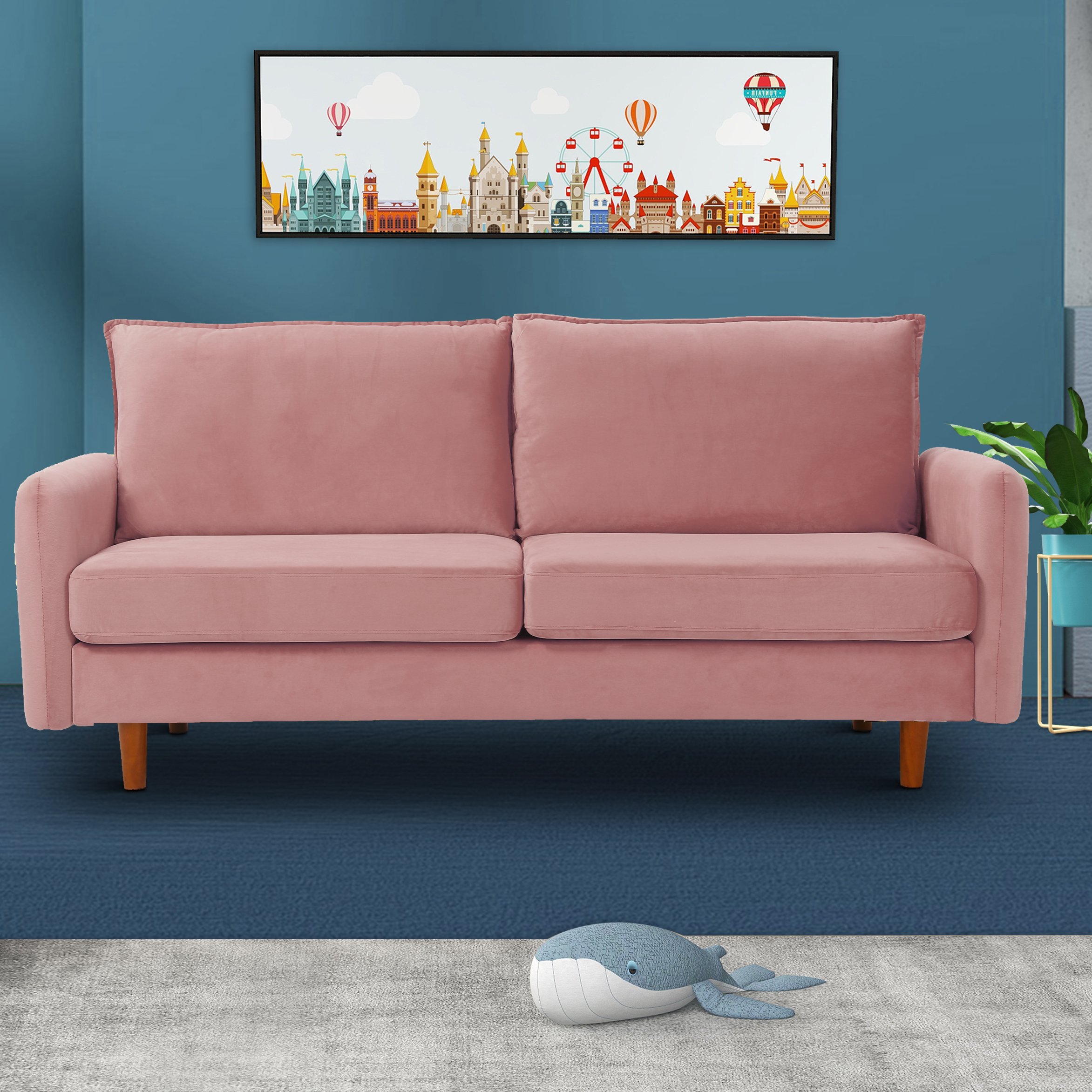 Modern And Simple Loveseat Velvet Sofa with Wood LegsPink