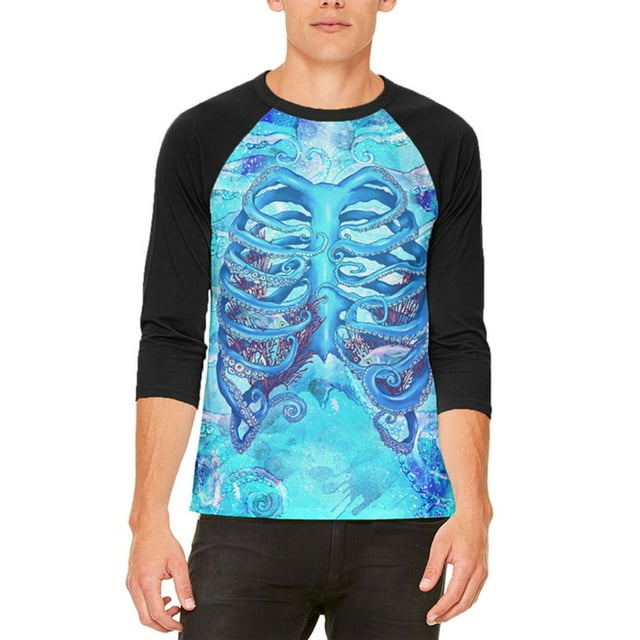 Halloween Pieuvre Kraken Squelette Côtes Costume T-Shirt Raglan pour Hommes