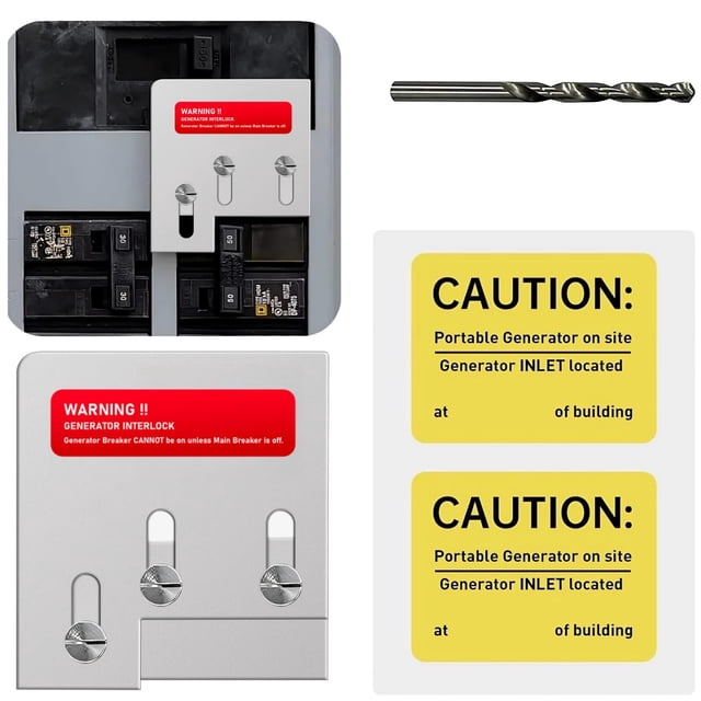 Generator interlock kit compatible with Square D QO or Homeline 150 or 200 amp panels, featuring 1 3/8 inches spacing between main and generator breaker. Includes a manual transfer switch device for safe backfeeding of portable generator power to the distribution panel. The kit contains a metal interlock plate with warning labels, screws, and a drill bit for installation. Designed to prevent simultaneous utility and generator power supply, ensuring electrical safety during power outages. Ideal as a generator accessory for home improvement projects.