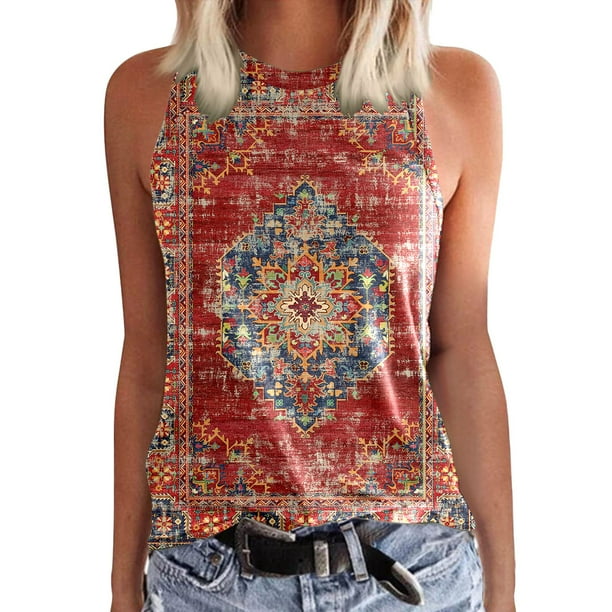 Playeras,Blusas y Tops,Ropa para Mujer Verano Tops Camisetas sin mangas con estampado de cuello redondo para mujer, camisetas básicas de ajuste holgado informal de verano, blusa de playa (Red, XXL)