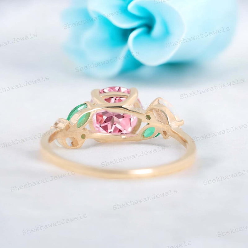 SHEKHAWATJEWELS 6 mm/ 0.75 Round Shape Pink Sapphire Engagement Ring Cluster Opal Emerald Ring For Women Yellow Gold Plated Silver Anniversary Gift For Her
