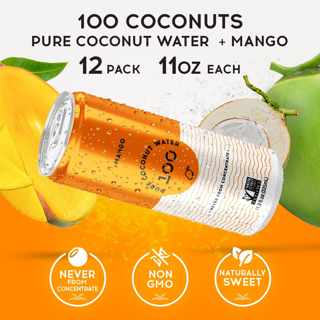 100 Coconuts Pure Coconut Water + Mango, Hydration, 11 fl oz Cans, 12 Pack, Liquids