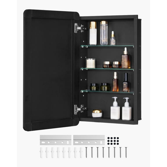VEVOR Medicine Cabinet, 16.5 x 27.5 inch, Medicine Cabinet for Bathroom with Mirror, Aluminum Frame Bathroom Wall Cabinet, 3-layer Adjustable Shelves, Recessed & Wall-mounted Installation