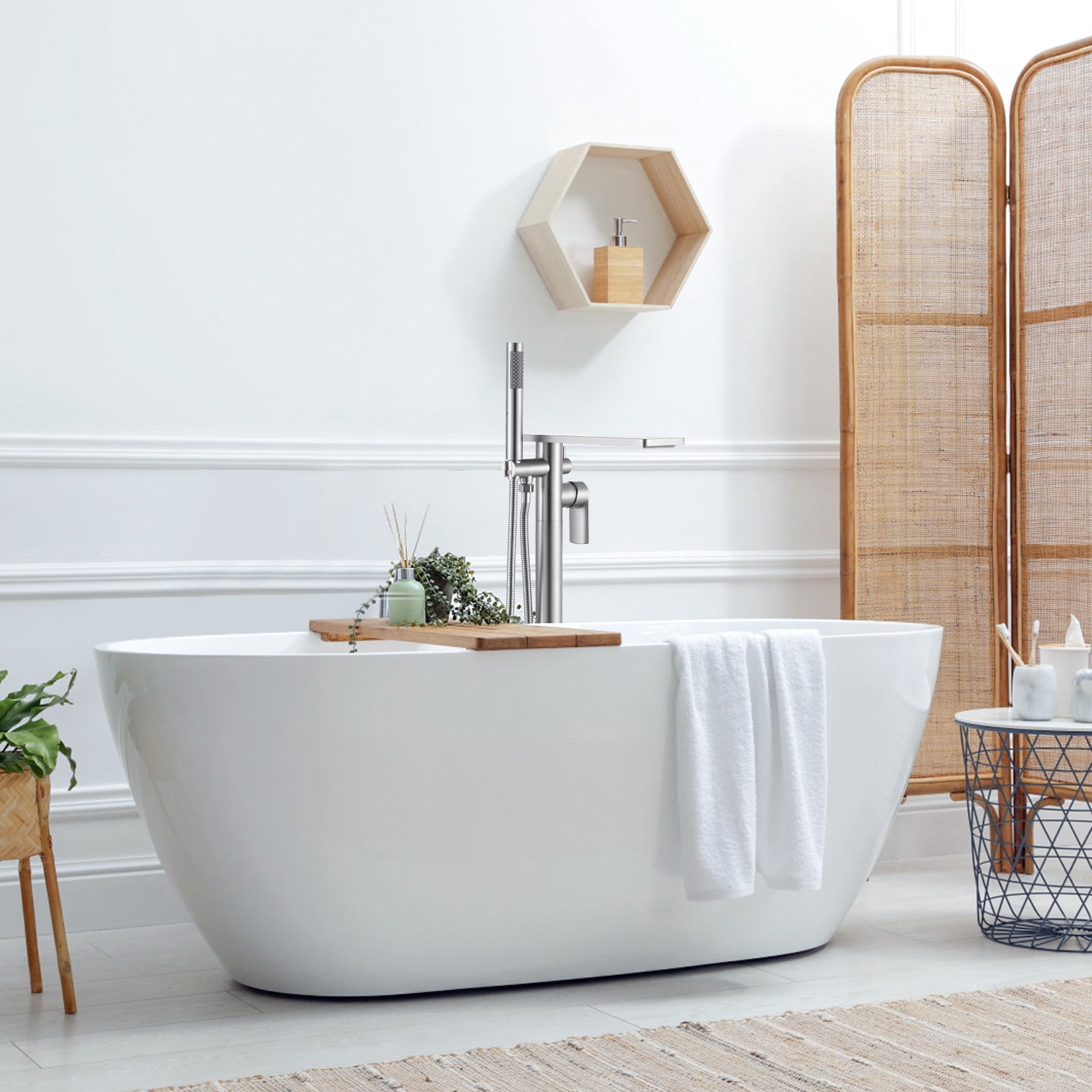 Wowow Brass Freestanding Bathtub Faucet Single-Handle Floor Mount Claw Foot Tub Faucet with Hand Shower in Brushed Nickel