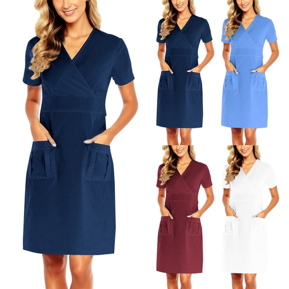 LINGLANG Women's Medical Scrub Dress Professional V-Neck Short Sleeve Nurse Uniform Dress with Pockets Comfortable Caregiver Healthcare Work Wear