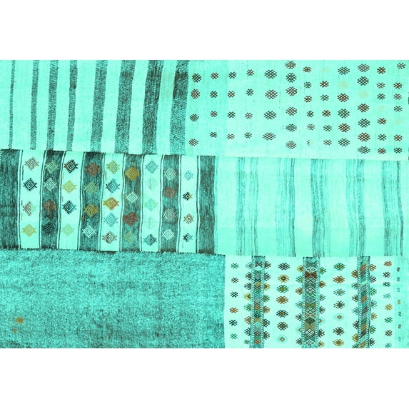 Ahgly Company Machine Washable Indoor Rectangle Patchwork Turquoise Blue Transitional Area Rugs, 2' x 5'