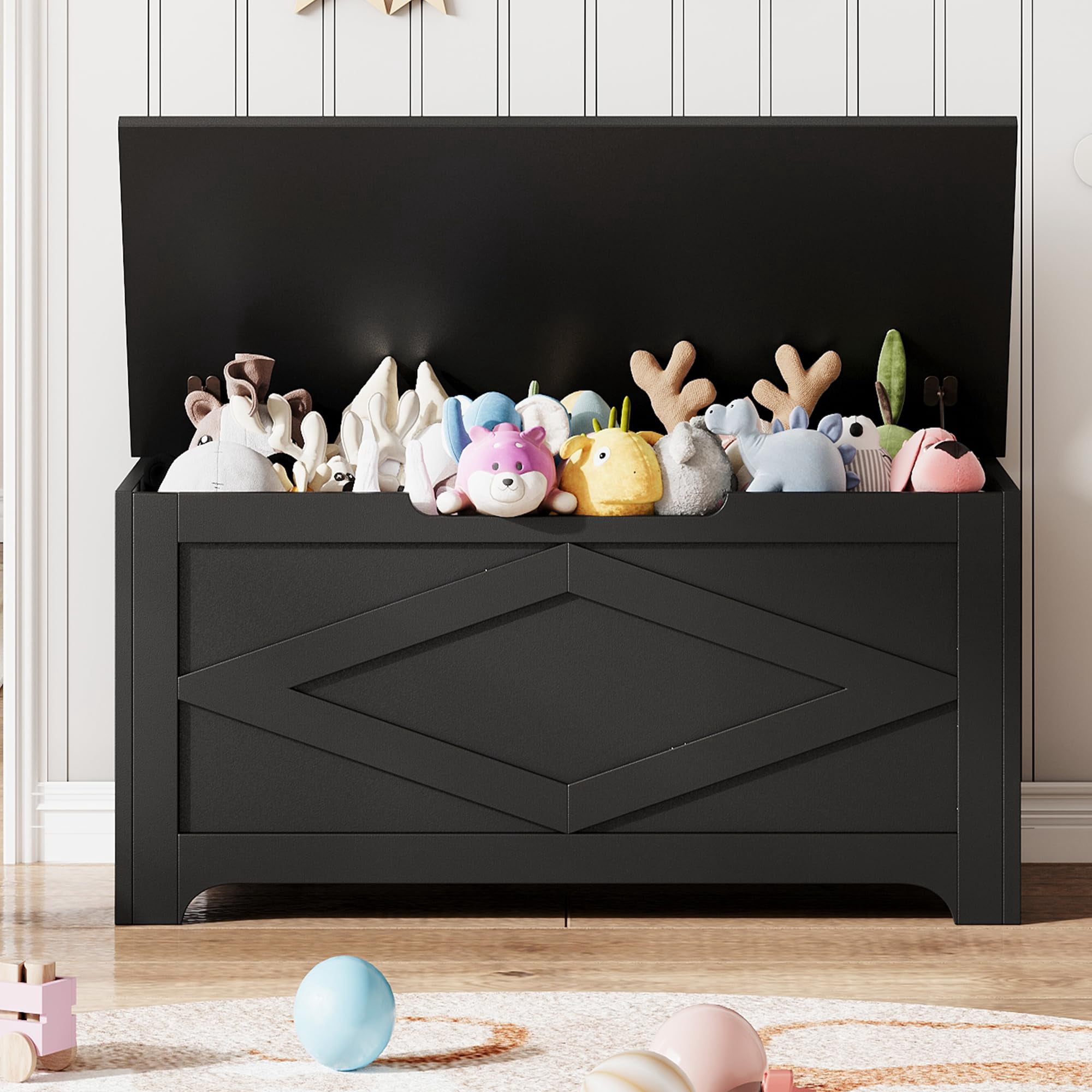 KOKEBREN 39.4"L Storage Chest, Wooden Toy Storage Bench, Modern Style Lift-Top Toy Chest with Safety Hinge for Entryway, Bedroom, Living Room,Black