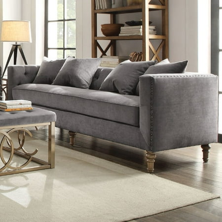 Acme Sidonia Down Feather Filled Sofa With 4 Pillows Grey Velvet