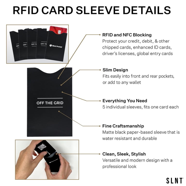 Silent Pocket Card Guard Secure RFID Sleeves | Radio Frequency Shielding Technology | Fits Standard Credit Cards or ID | Water-Resistant Construction, Matte Finish | Black, Pack of 5 - Walmart.com Silent Pocket Card Guard Secure RFID Sleeves | Radio Frequency Shielding Technology | Fits Standard Credit Cards or ID | Water-Resistant Construction, Matte Finish | Black, Pack of 5 - Walmart.com